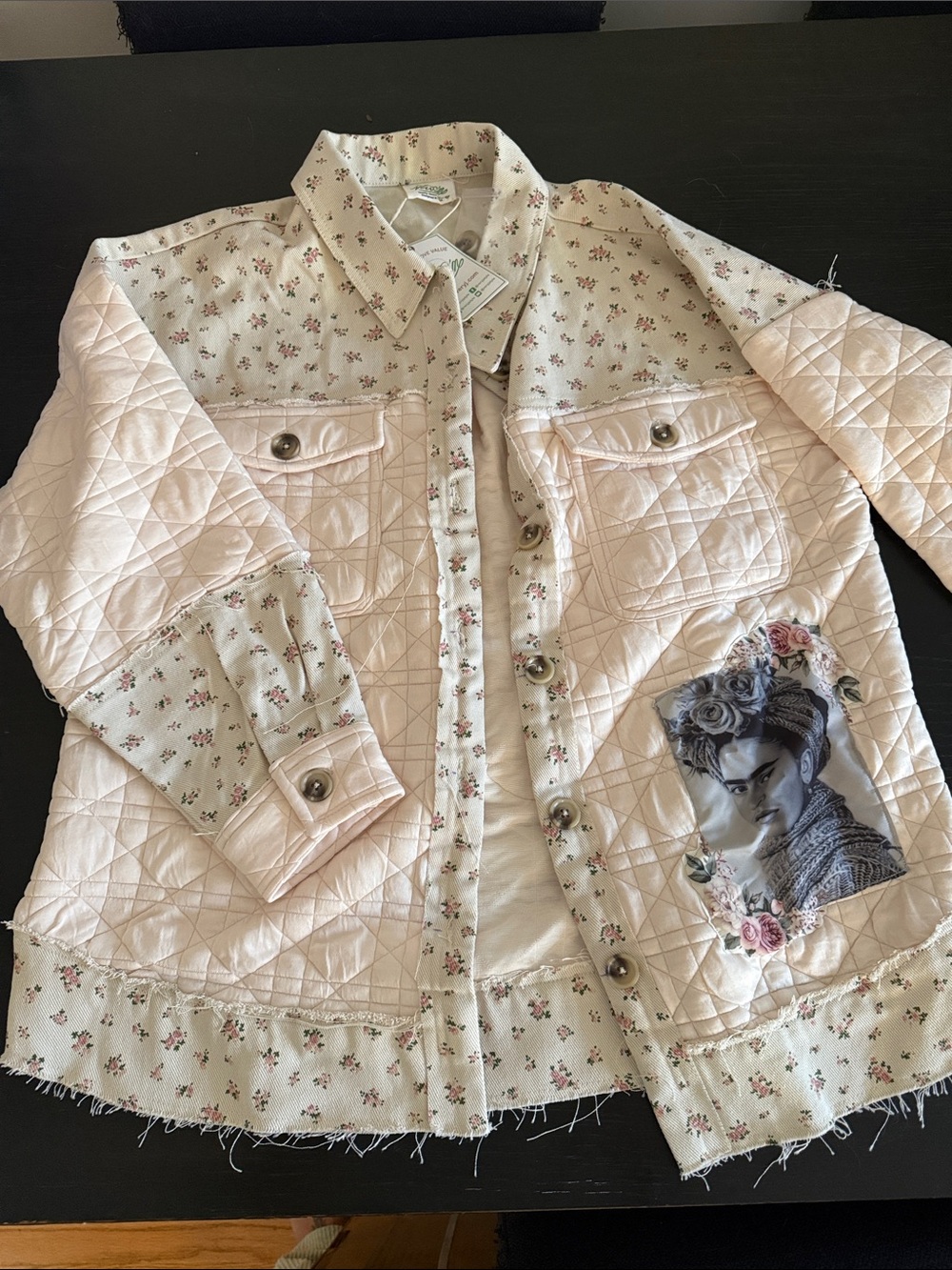 Very J Quilted Light Pink Floral Patchwork Jacket with Frida Print